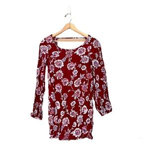 Billabong Floral Tunic Mini Dress Red Size XS Long Sleeve Boho Beach